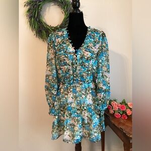 ALLISON Tiered Ruffled Dress with Button Details in blue floral print